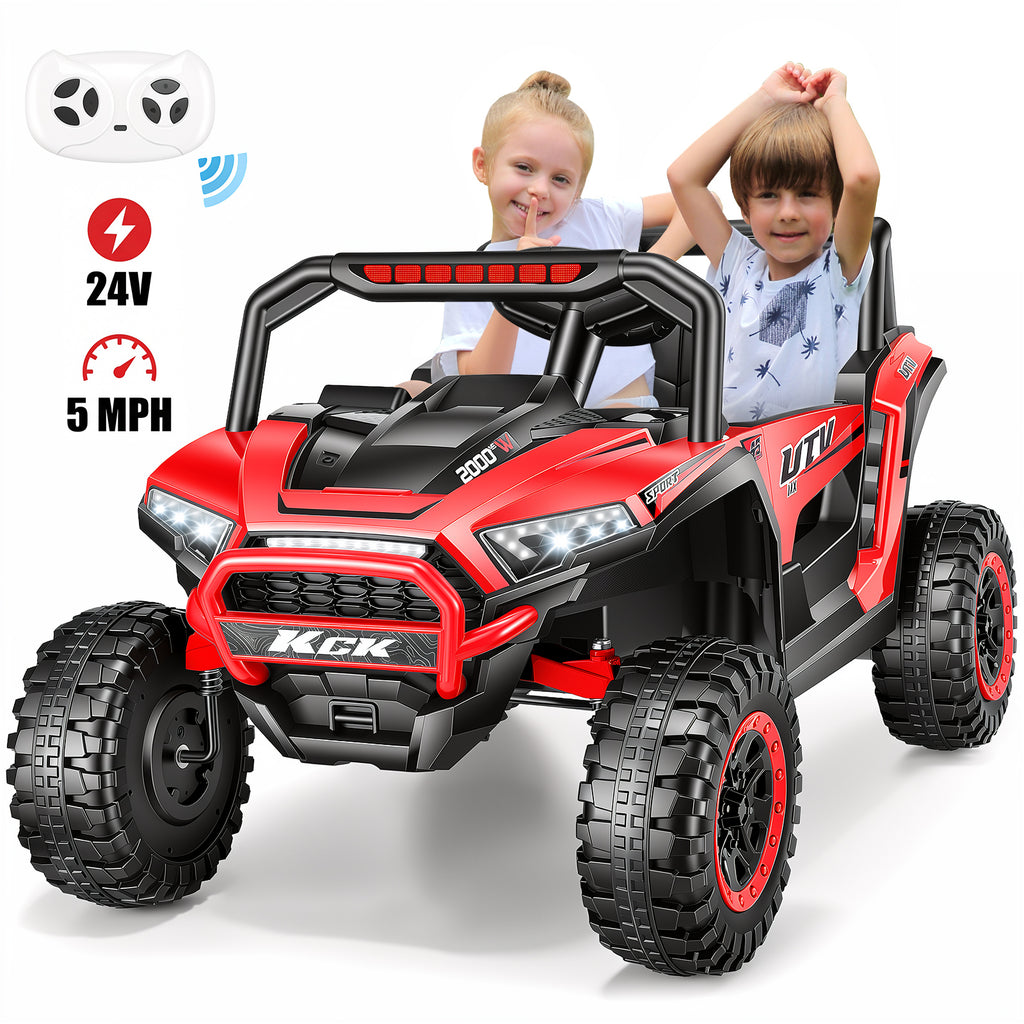 Farmdex 24V Ride on UTV Car for Kids, 5MPH 7AH 2 Seater Electric Powered w/ Remote Control, Bluetooth, LED Lights, Red