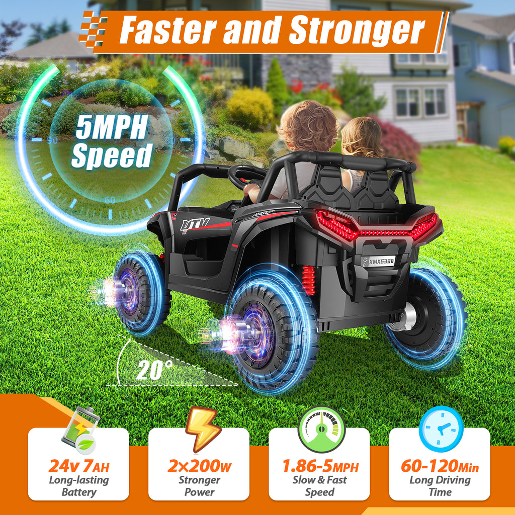 Farmdex 24V Ride on UTV Car for Kids, 5MPH 7AH 2 Seater Electric Powered w/ Remote Control, Bluetooth, LED Lights, Black