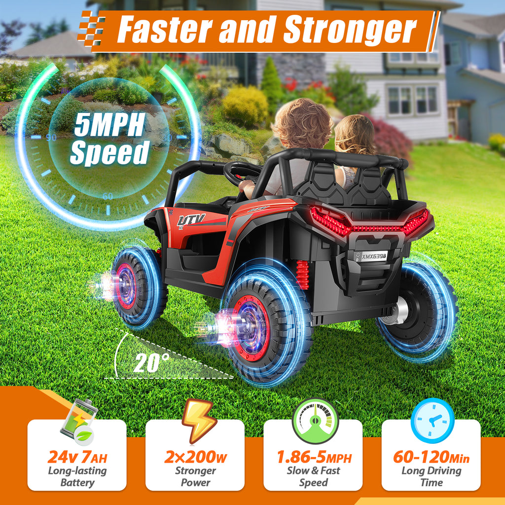 Farmdex 24V Ride on UTV Car for Kids, 5MPH 7AH 2 Seater Electric Powered w/ Remote Control, Bluetooth, LED Lights, Red