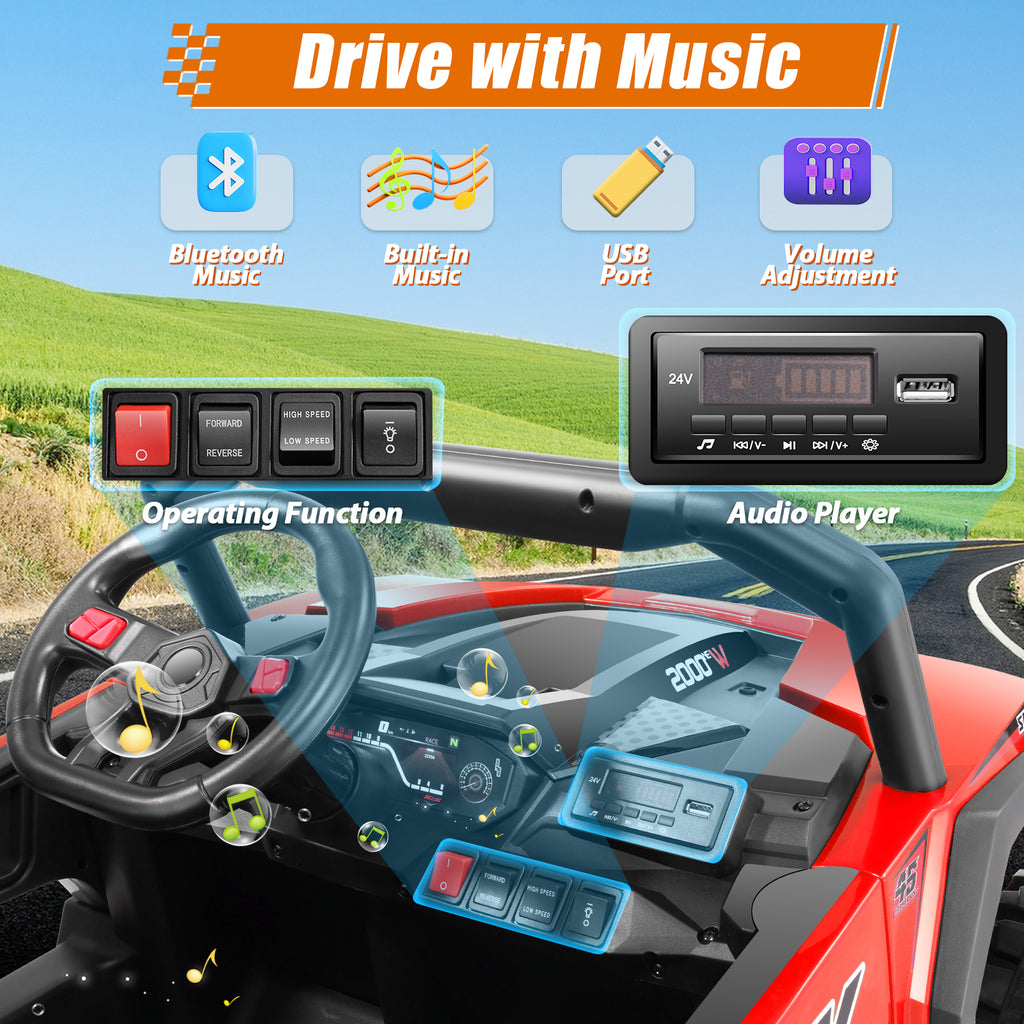 Farmdex 24V Ride on UTV Car for Kids, 5MPH 7AH 2 Seater Electric Powered w/ Remote Control, Bluetooth, LED Lights, Red