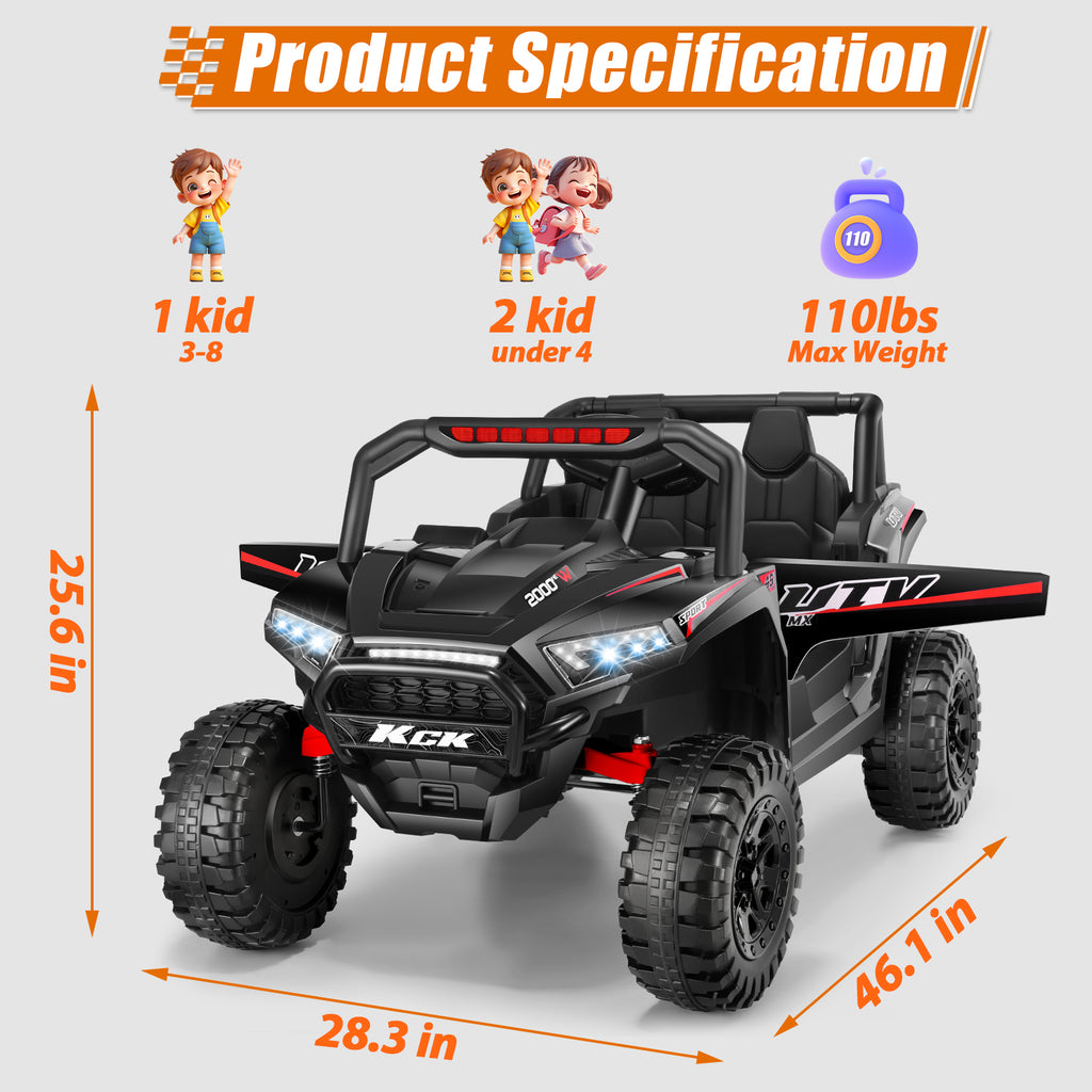 Farmdex 24V Ride on UTV Car for Kids, 5MPH 7AH 2 Seater Electric Powered w/ Remote Control, Bluetooth, LED Lights, Black