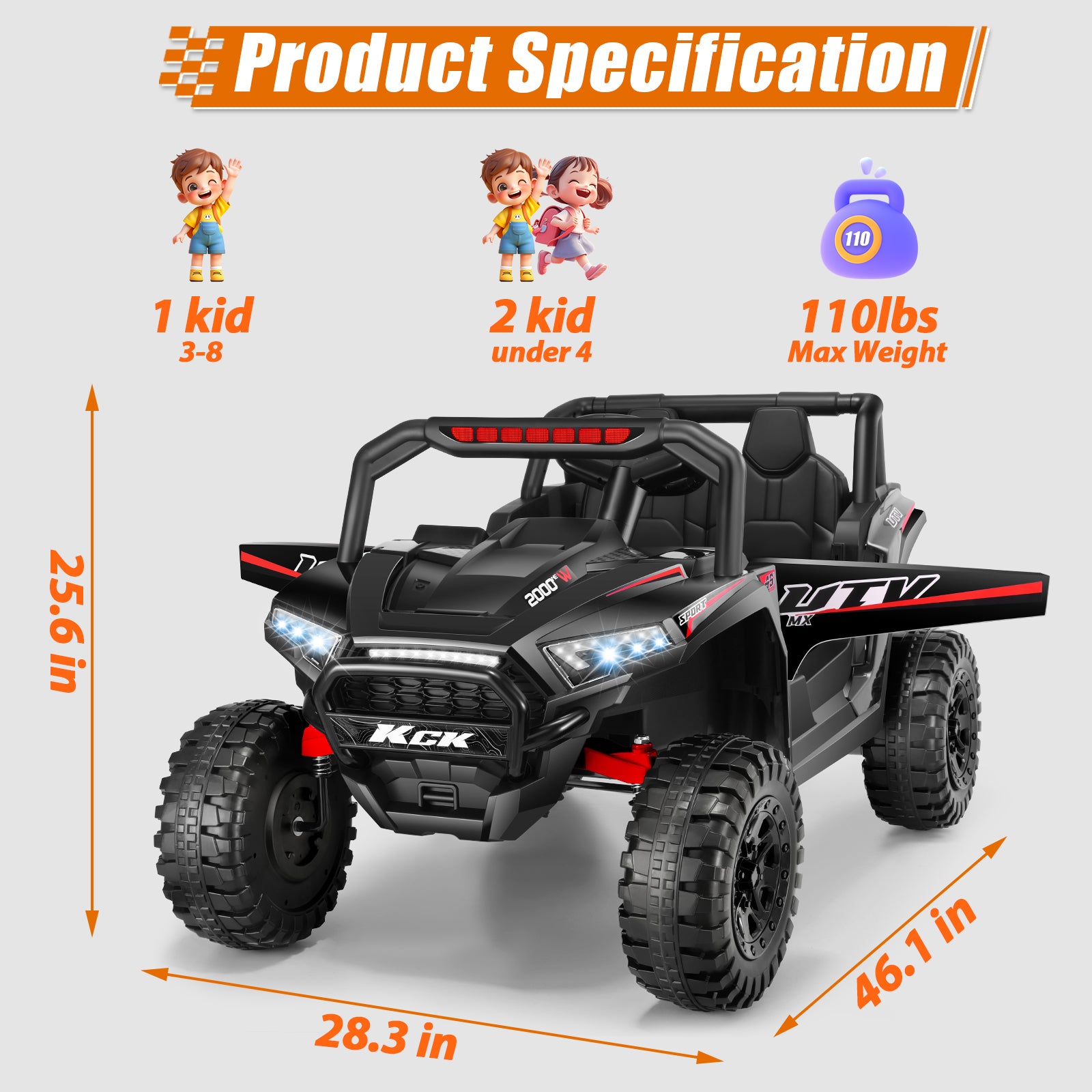 Farmdex 24V Ride on UTV Car for Kids, 5MPH 7AH 2 Seater Electric Powered w/ Remote Control, Bluetooth, LED Lights, Black