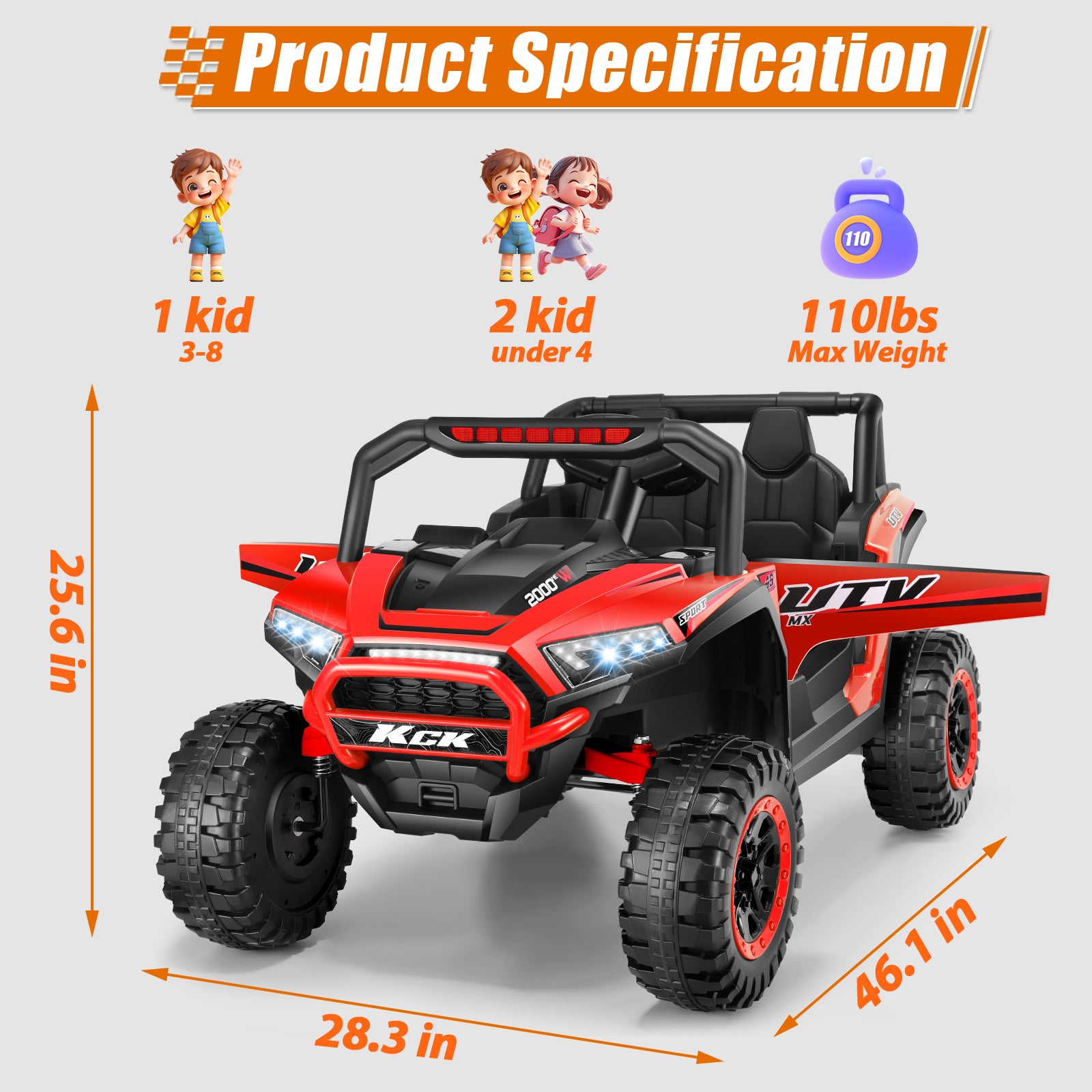 Farmdex 24V Ride on UTV Car for Kids, 5MPH 7AH 2 Seater Electric Powered w/ Remote Control, Bluetooth, LED Lights, Red