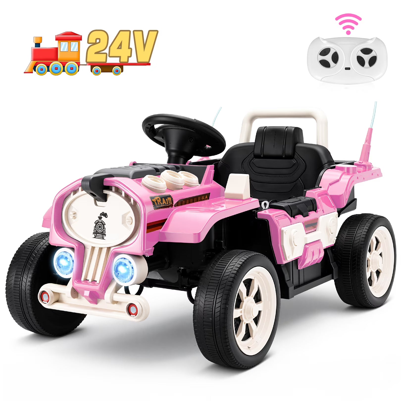 Farmdex 24 Volt Ride on Toys, Ride On Train Car for Toddlers with Parent Remote Control, Electric Car for Kids Aged 2-6, Spring Suspension, MP3, LED Lights, Bluetooth, Pink