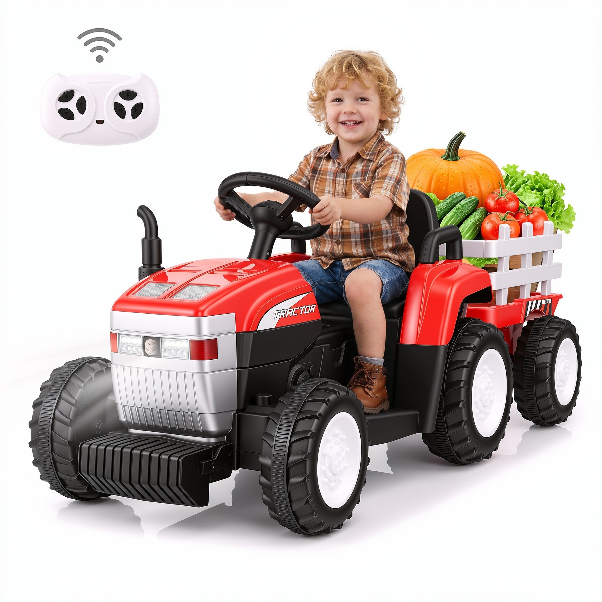 Farmdex 24V Ride on Tractor with Detachable Trailer,  Ride on Toys for Kids w/ Remote Control, Electric Cars for Kids, LED Lights, Bluetooth, Music, MP3, Red