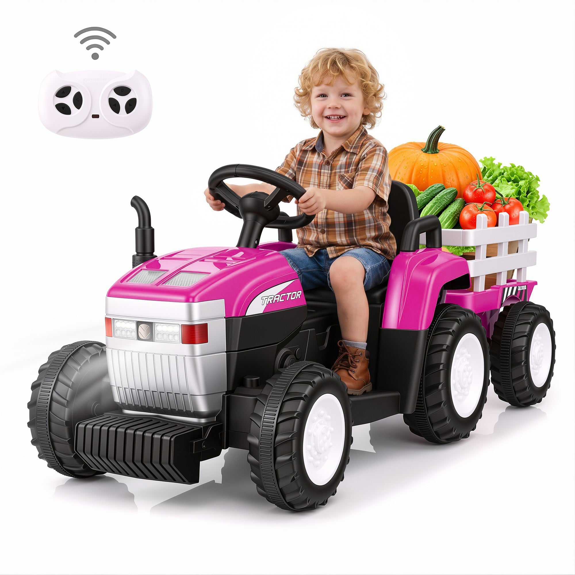 Farmdex 24V Ride on Tractor with Detachable Trailer,  Ride on Toys for Kids w/ Remote Control, Electric Cars for Kids, LED Lights, Bluetooth, Music, MP3, Pink